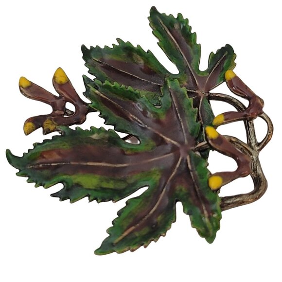 Vintage Green Brown Enamel Sycamore Maple Leaf, Seed Brooch Pin E639 - Picture 3 of 6